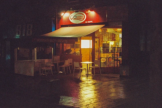 Mr. Noodle Restaurant Limerick City Ireland Night Street Lighting Dark Colour Film Lomography Color Negative 800 Camera Nikon F2 35mm